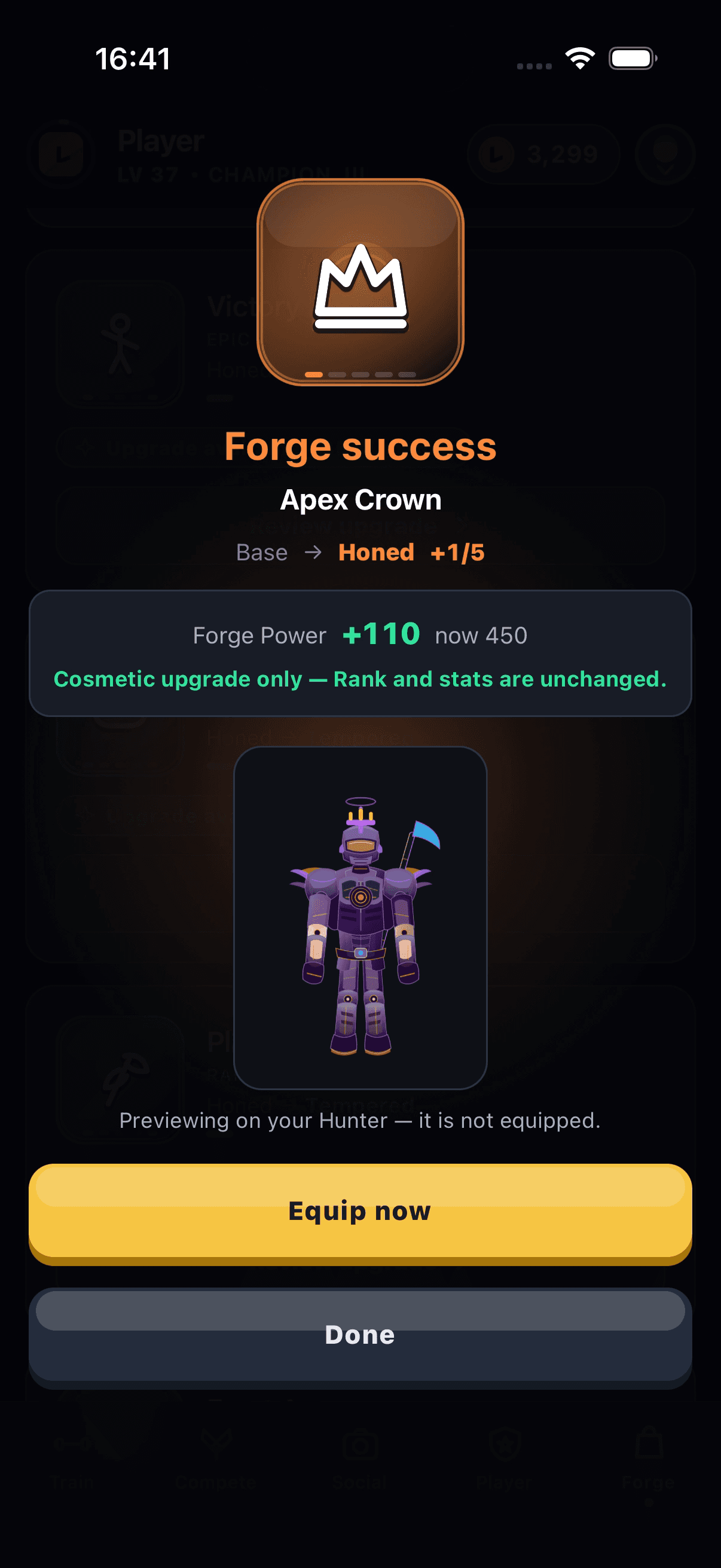 A Forge upgrade result in LEVL, stating that the upgrade is cosmetic only and that rank and stats are unchanged.