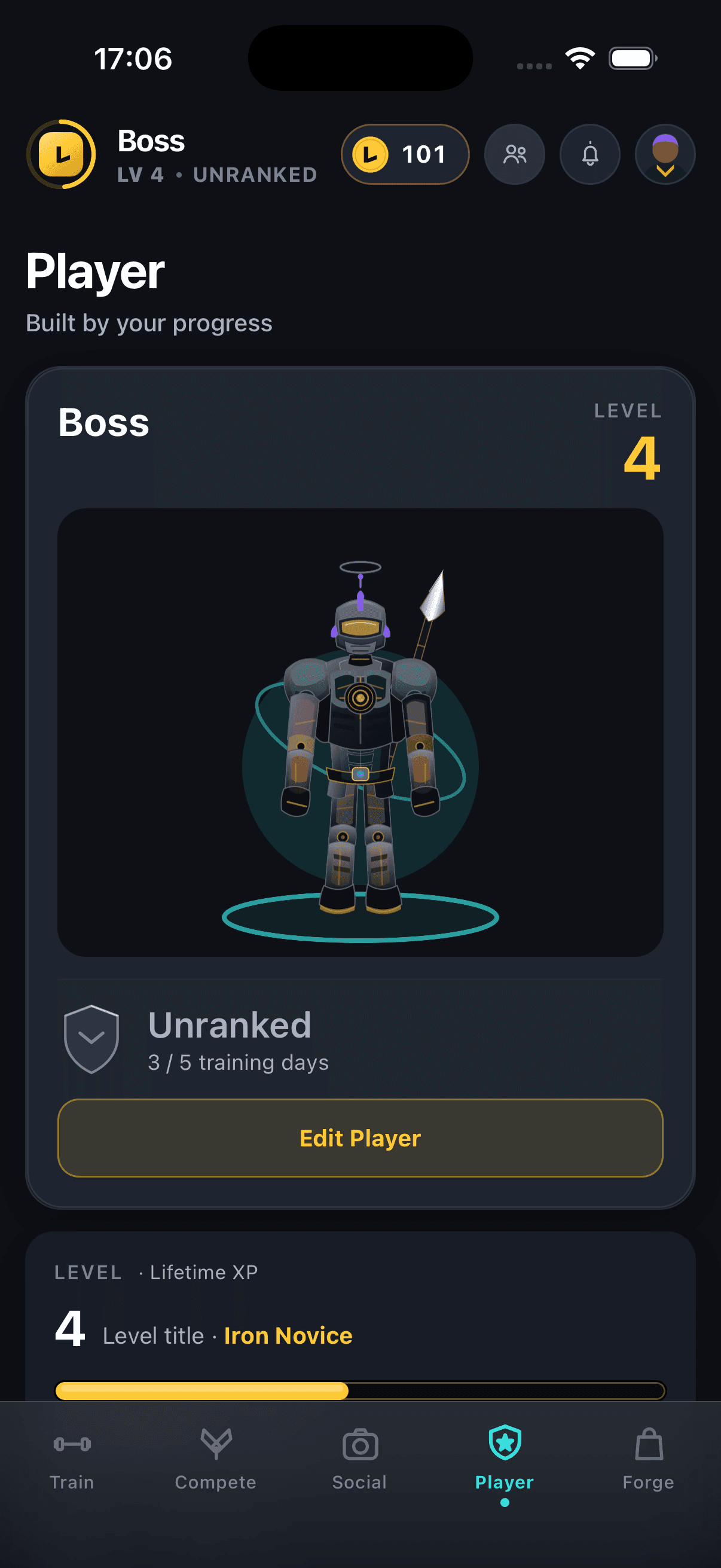 The LEVL Player screen, headed “Player — built by your progress”, showing a character, a level and a rank state.
