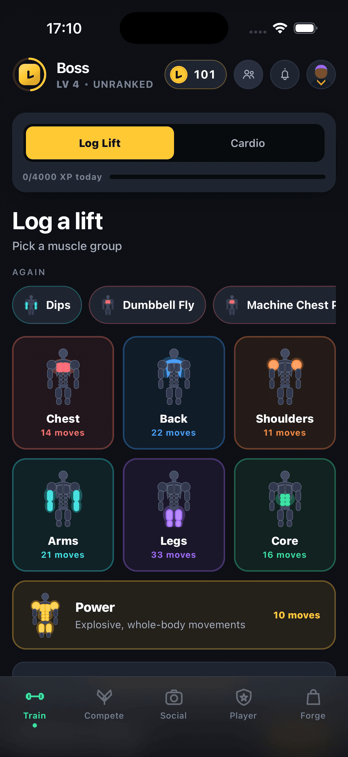 The LEVL training screen, headed “Log a lift — pick a muscle group”, with a Log Lift and Cardio toggle above cards for chest, back, shoulders, arms, legs, core and power.